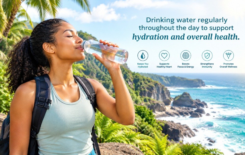 Drinking water regularly throughout the day to support hydration and overall health.