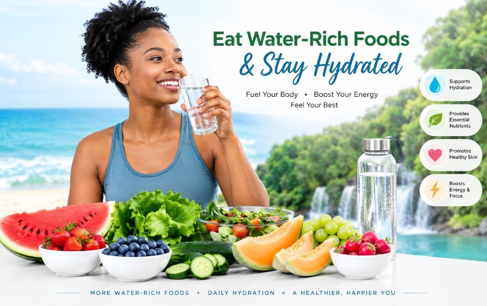 Water-rich foods like watermelon, cucumber, and oranges to support daily hydration.