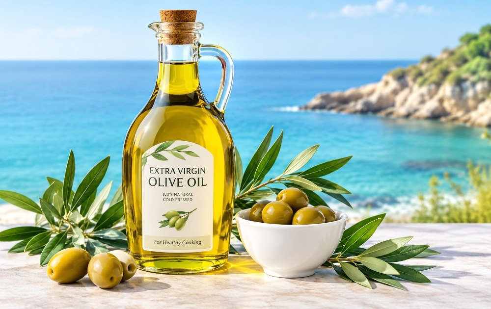 Extra-virgin olive oil in a glass bottle for healthy cooking