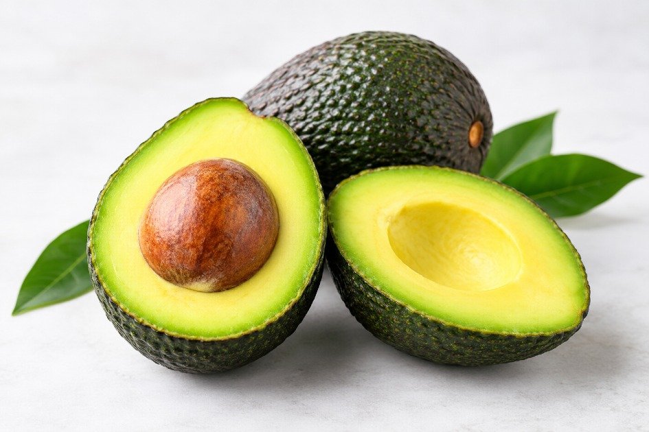 Fresh avocado cut in half, showing its green flesh and brown seed.