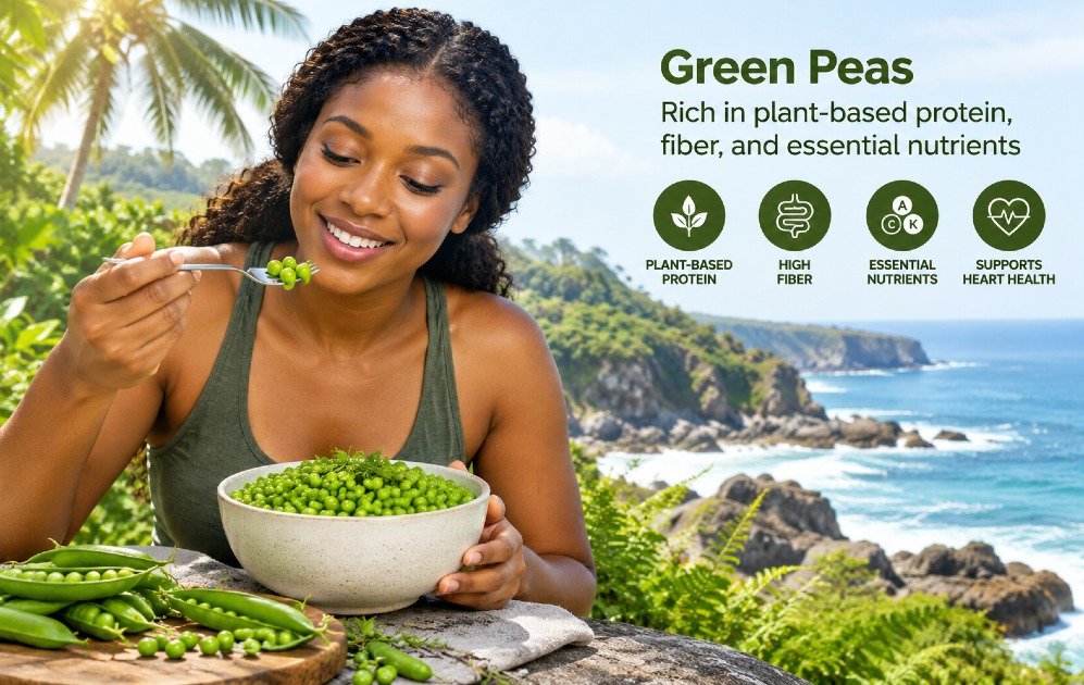 Green peas rich in plant-based protein, fiber, and essential nutrients