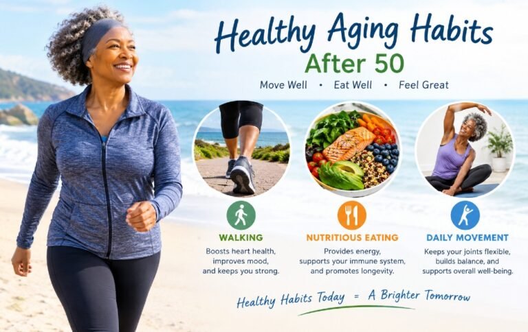 Healthy aging habits after 50, including walking, nutritious eating, and daily movement