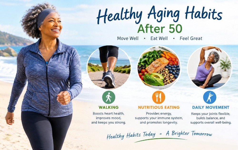 Healthy aging habits after 50, including walking, nutritious eating, and daily movement
