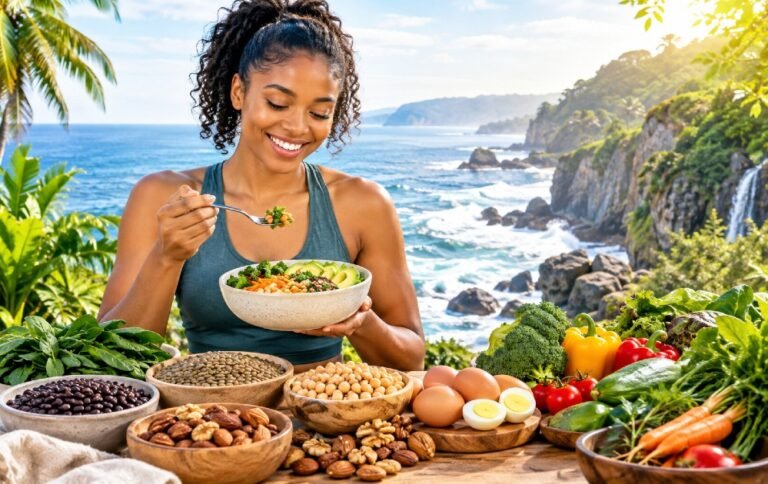 Protein- and fiber-rich foods, including beans, lentils, eggs, nuts, and vegetables.