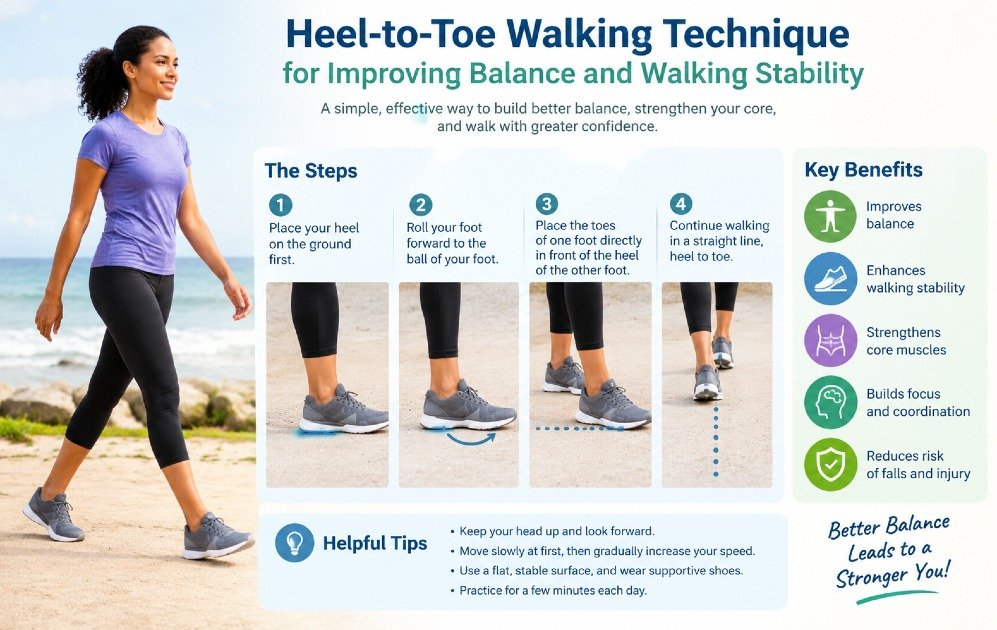 Heel-to-toe walking technique for improving balance and walking stability.