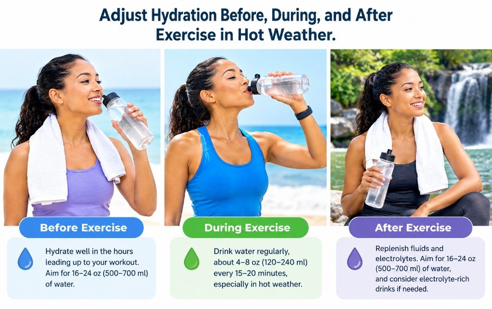 Adjust hydration before, during, and after exercise in hot weather.
