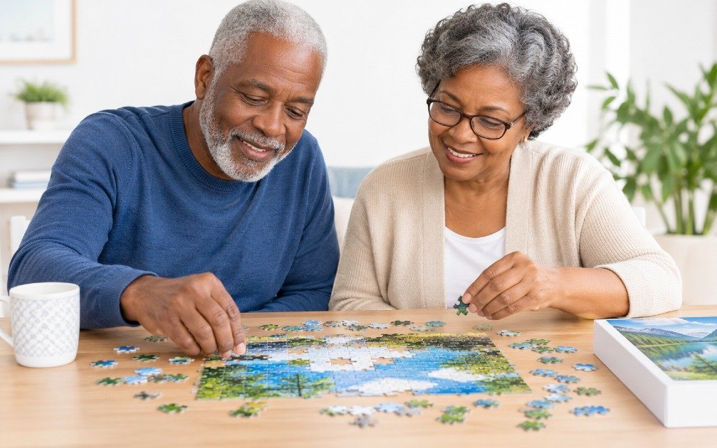 Older adult solving a puzzle to keep the brain active and support cognitive health.