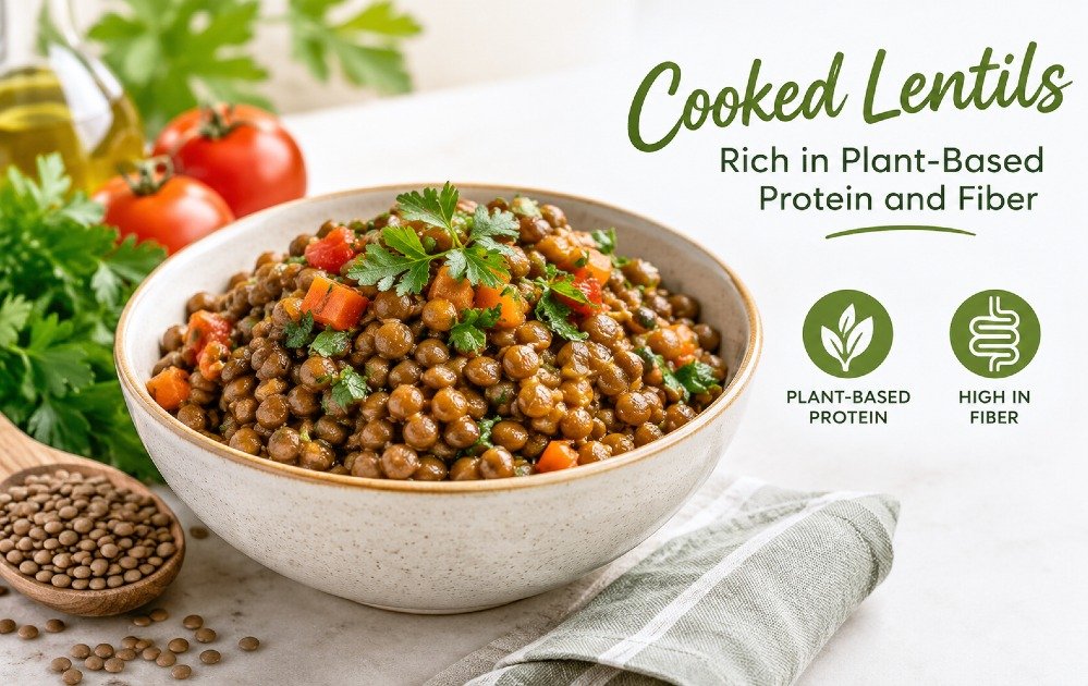 Cooked lentils rich in plant-based protein and fiber.