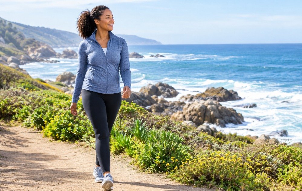 Woman walking outdoors to make daily movement part of her routine.