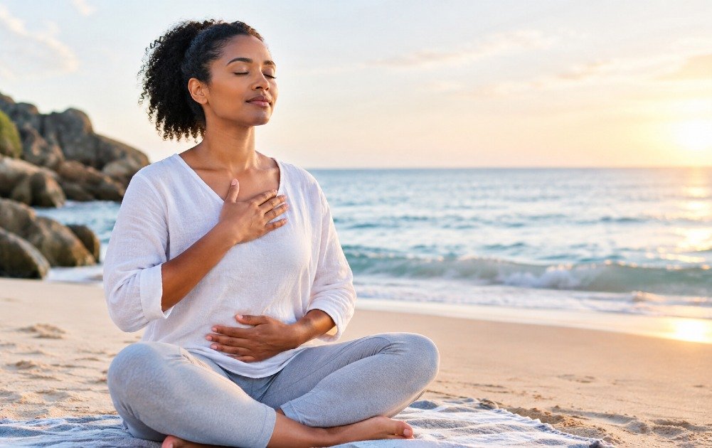 Woman practicing mindful breathing to manage stress and restore calm