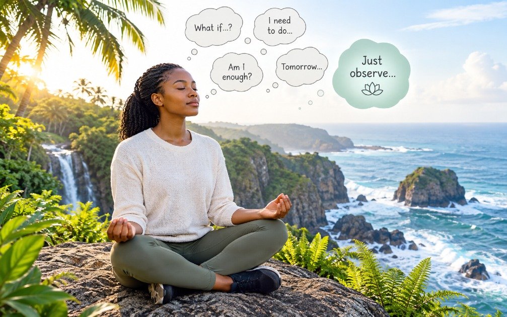 Person practicing mindfulness by observing thoughts calmly.