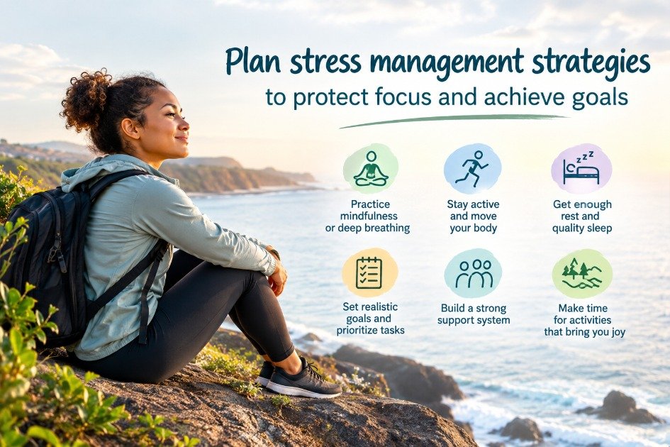 Plan stress management strategies to protect focus and achieve goals