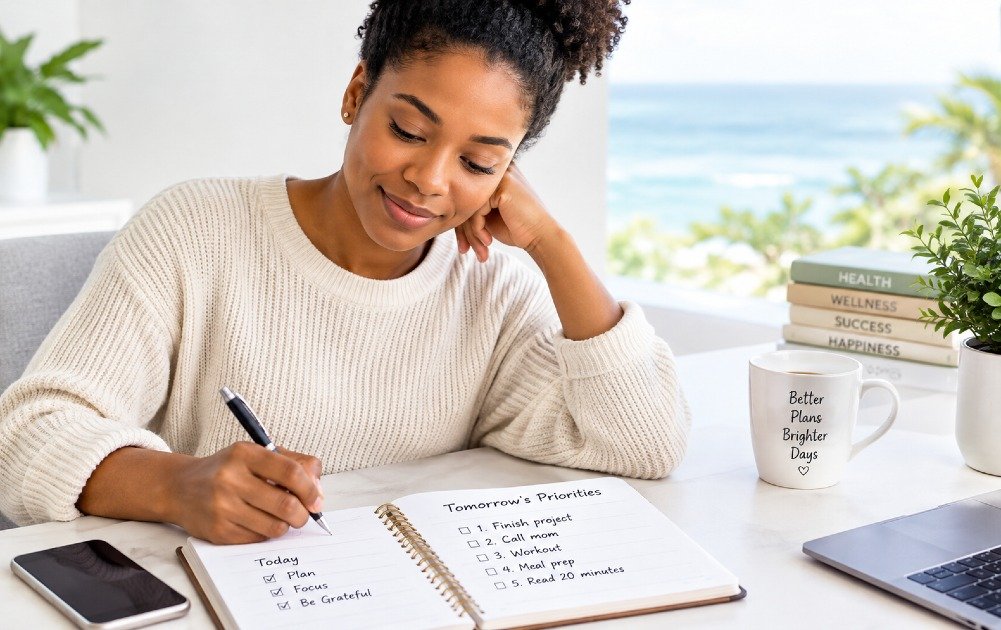 Writing tomorrow’s priorities in a daily planner before ending the day