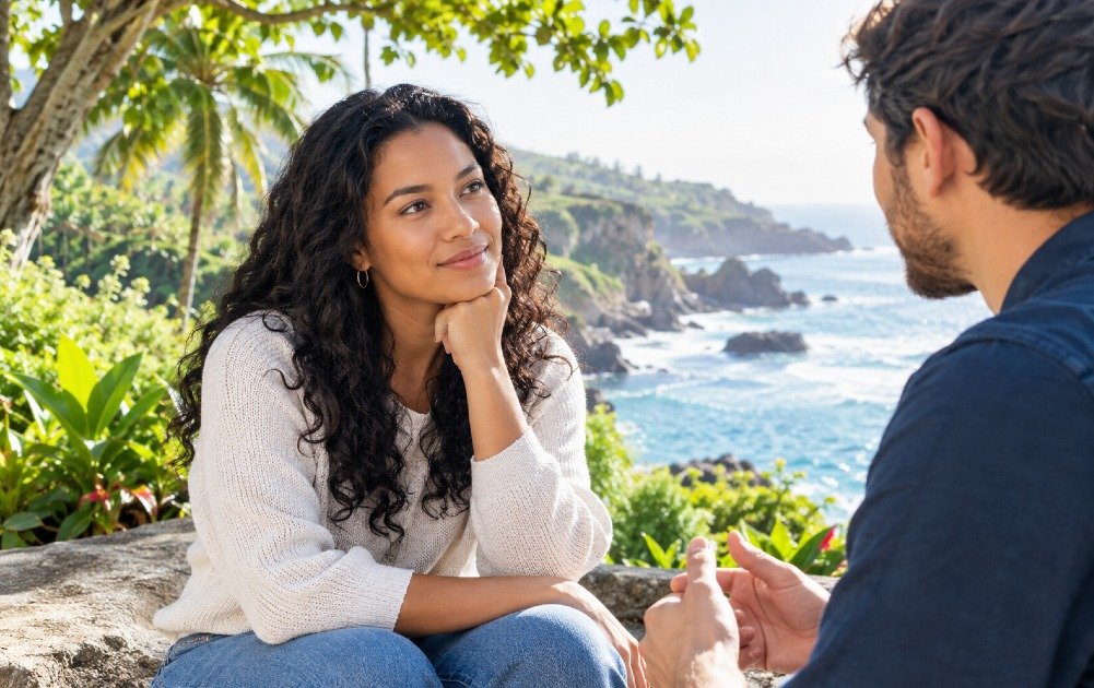 Person listening attentively during a face-to-face conversation