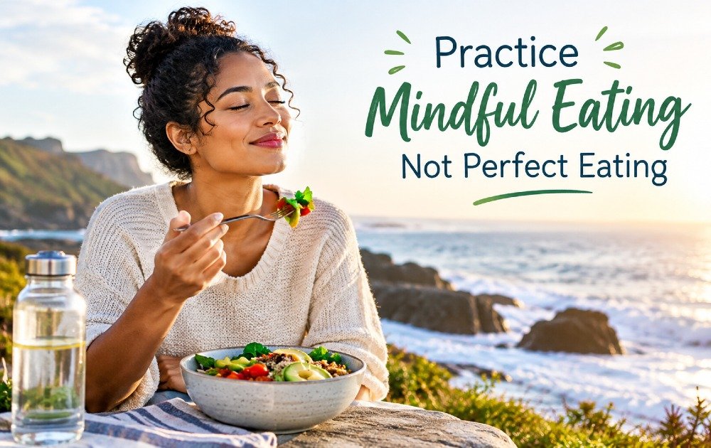 Practicing mindful eating by enjoying a healthy meal without striving for perfection.