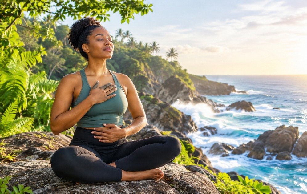 Person practicing stress management through mindful breathing.