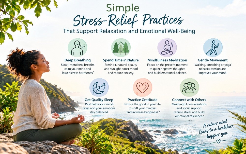 Simple stress-relief practices that support relaxation and emotional well-being.