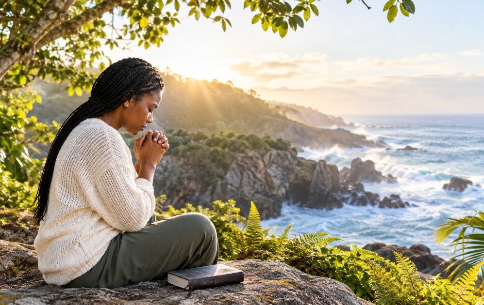 Person practicing prayer and personal reflection in a quiet space.