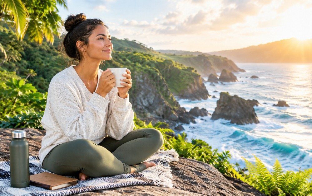 Person enjoying a peaceful morning routine in natural light.