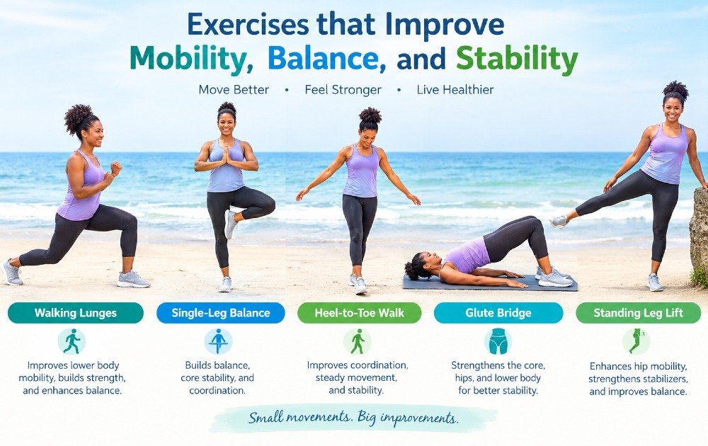 Exercises that improve mobility, balance, and stability.