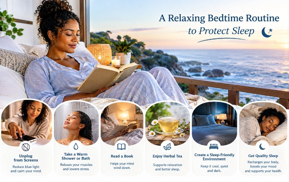 Person following a relaxing bedtime routine to protect sleep.