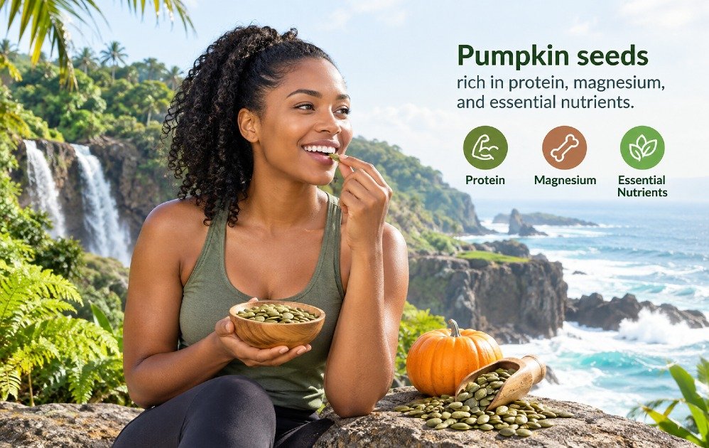Pumpkin seeds rich in protein, magnesium, and essential nutrients.