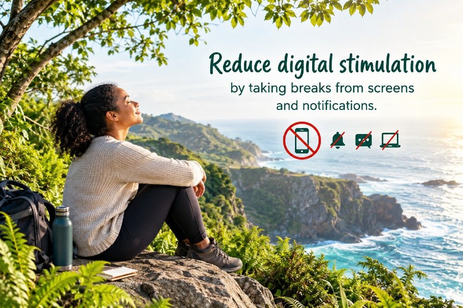 Reduce digital stimulation by taking breaks from screens and notifications