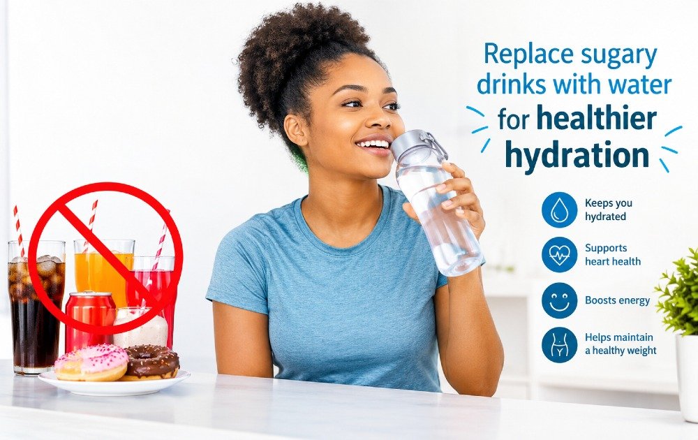 Replace sugary drinks with water for healthier hydration.
