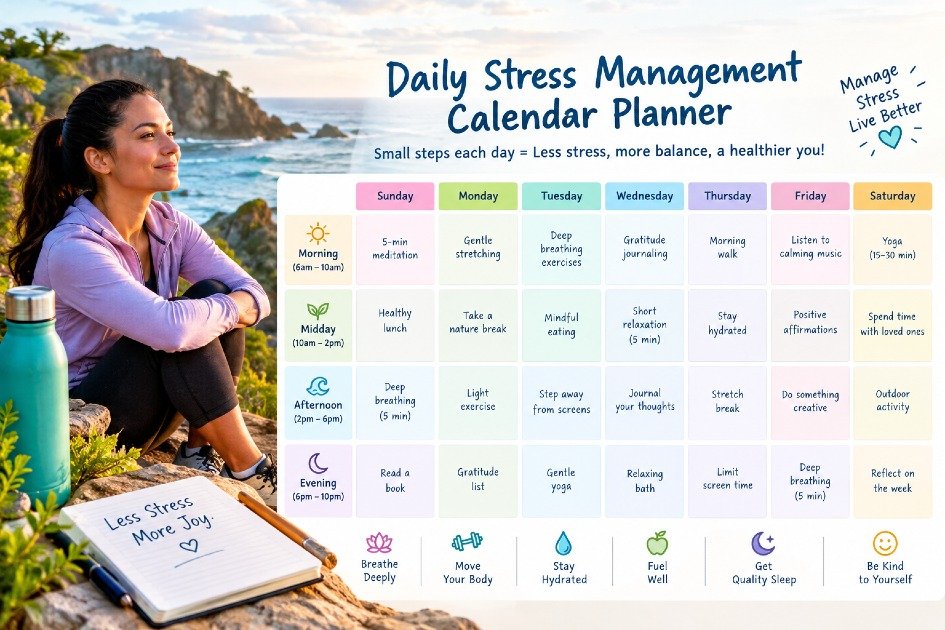 Calendar planner for scheduling daily stress management activities