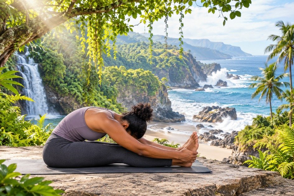 Seated forward fold yoga pose stretching the hamstrings and lower back