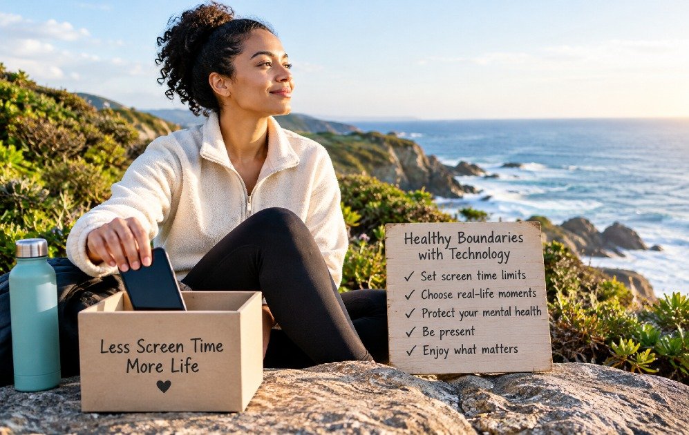 Person setting healthy boundaries around technology by limiting screen time.