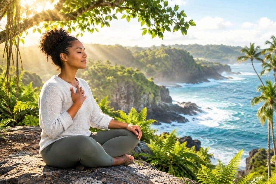 Woman practicing mindfulness with a quiet breathing break during the day.