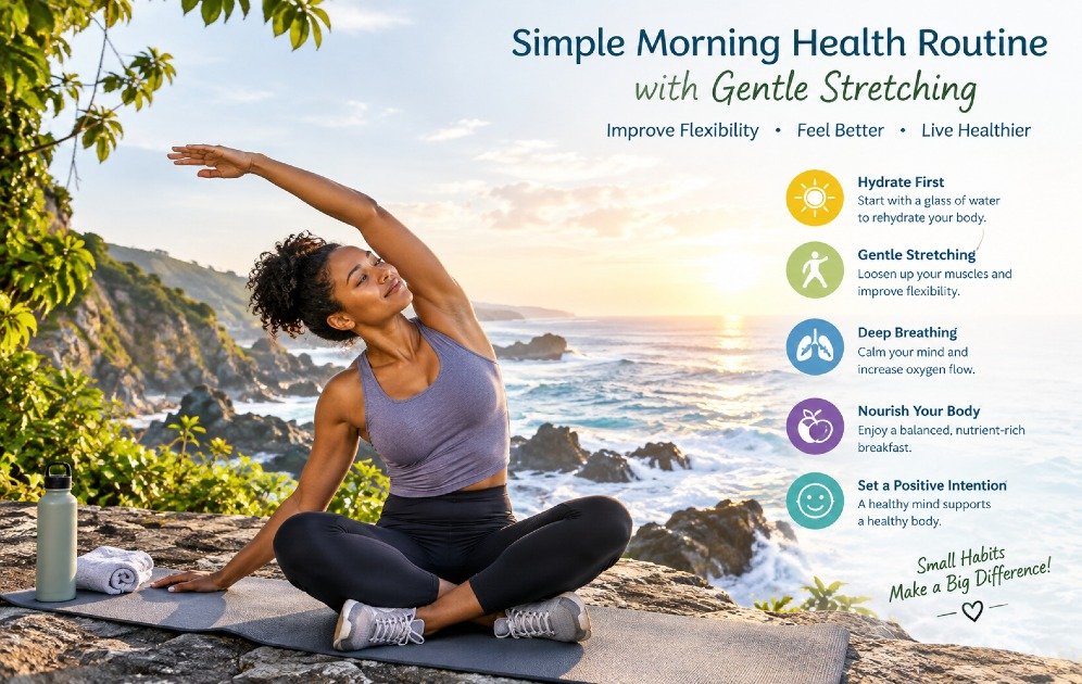Simple morning health routine with gentle stretching to improve flexibility.