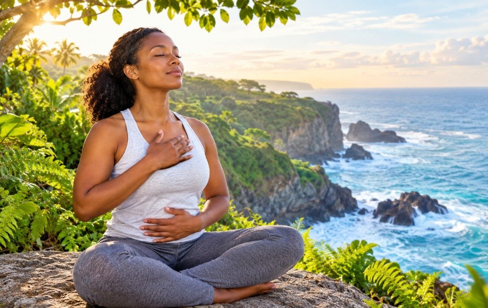 Person practicing slow, controlled breathing to relieve stress