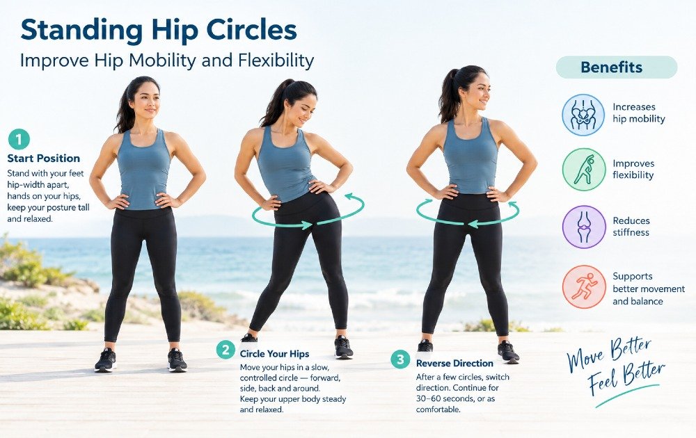 Standing hip circles to improve hip mobility and flexibility.