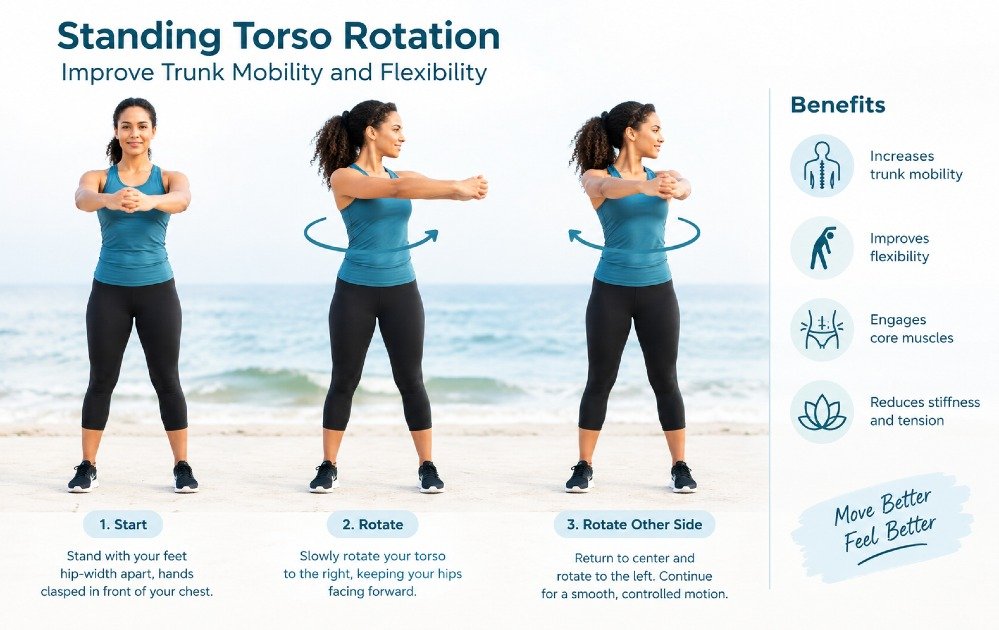 Standing torso rotation exercise to improve trunk mobility and flexibility