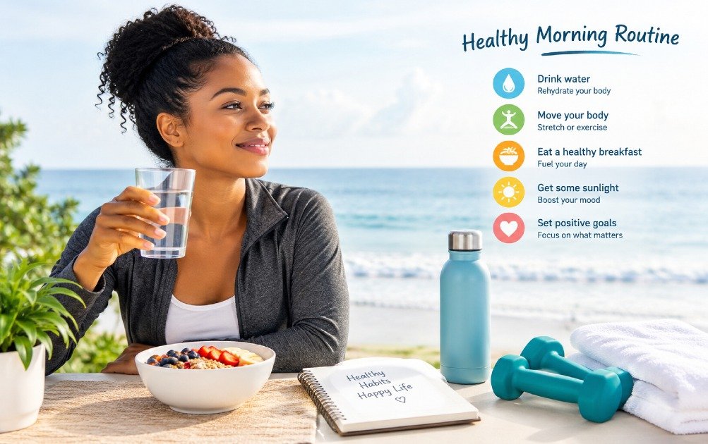 Glass of water beside a healthy morning routine