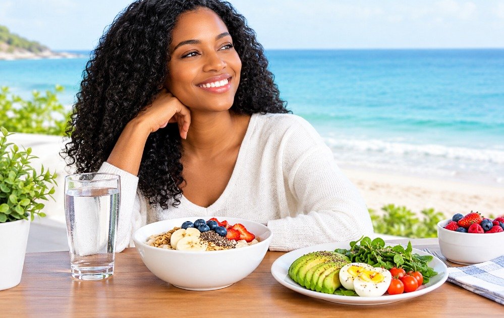 Glass of water beside a healthy morning breakfast.