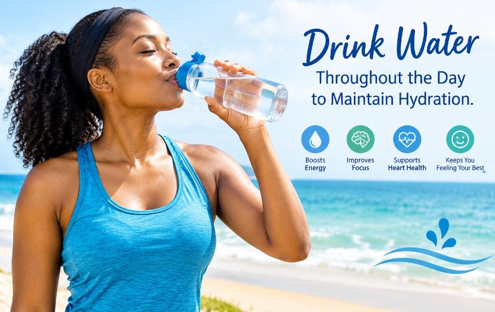Drinking water throughout the day to maintain hydration.