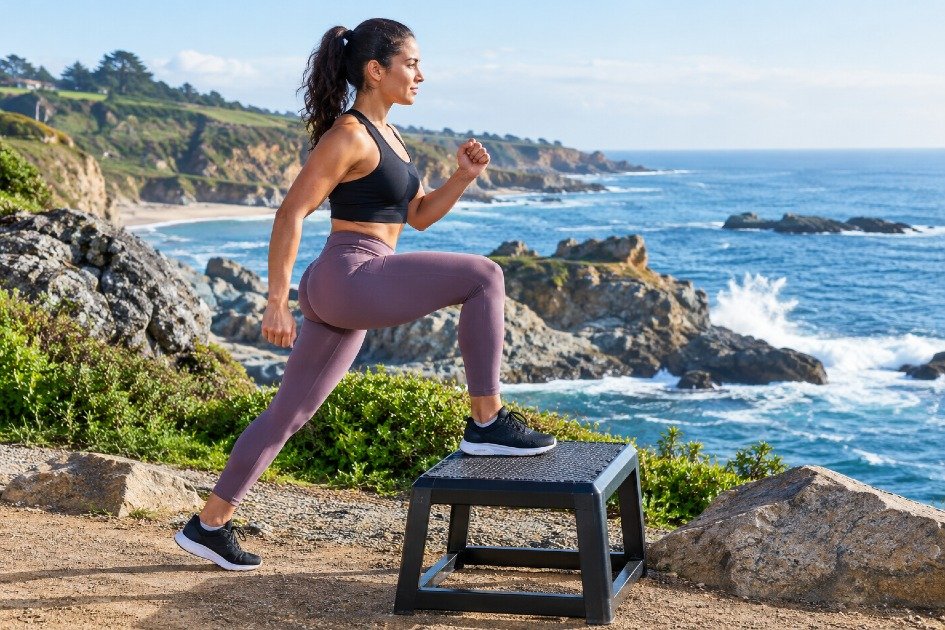 Person performing step-ups on a sturdy exercise platform to strengthen the legs.