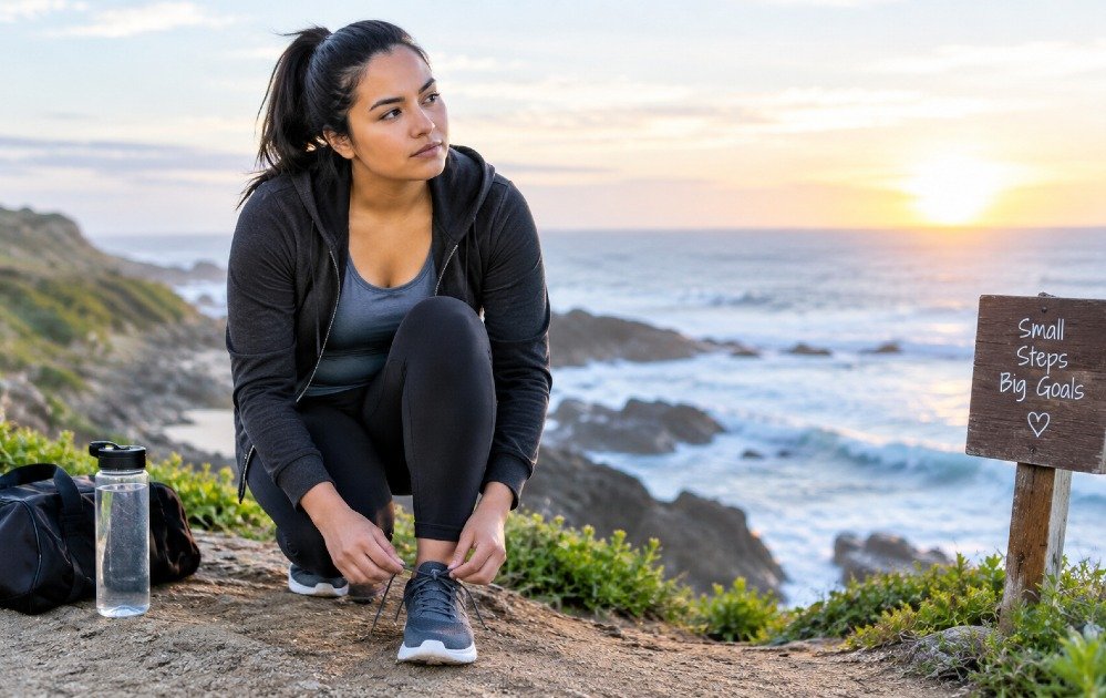 Person taking the first step toward a fitness goal despite low motivation.