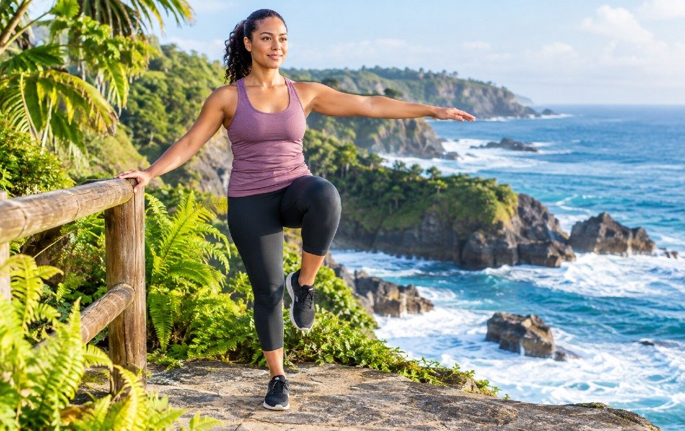 Person performing a supported single-leg stand to improve balance and stability.