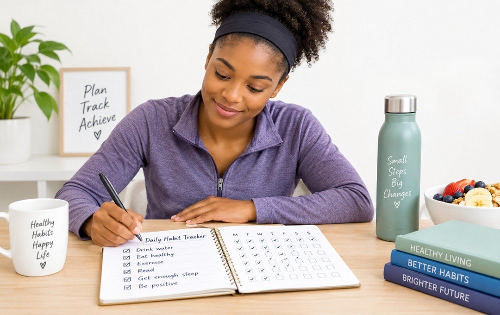 Tracking daily habits in a journal to build consistent, healthy routines.