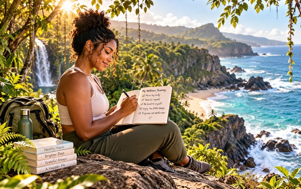 Person tracking wellness progress in a journal without striving for perfection.