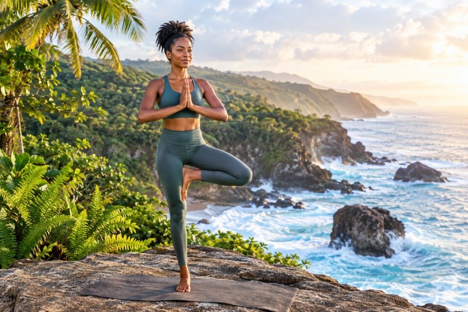 Woman practicing Tree Pose yoga to improve balance and stability.