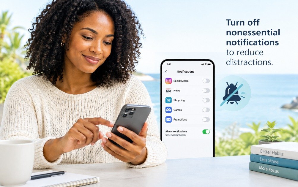 Turning off nonessential phone notifications to reduce distractions