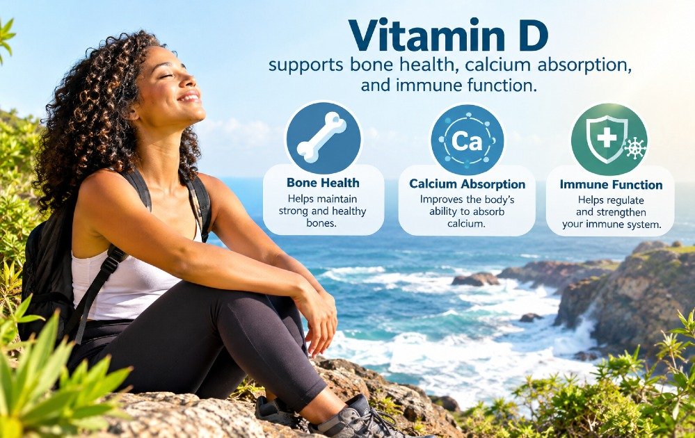 Vitamin D supports bone health, calcium absorption, and immune function.