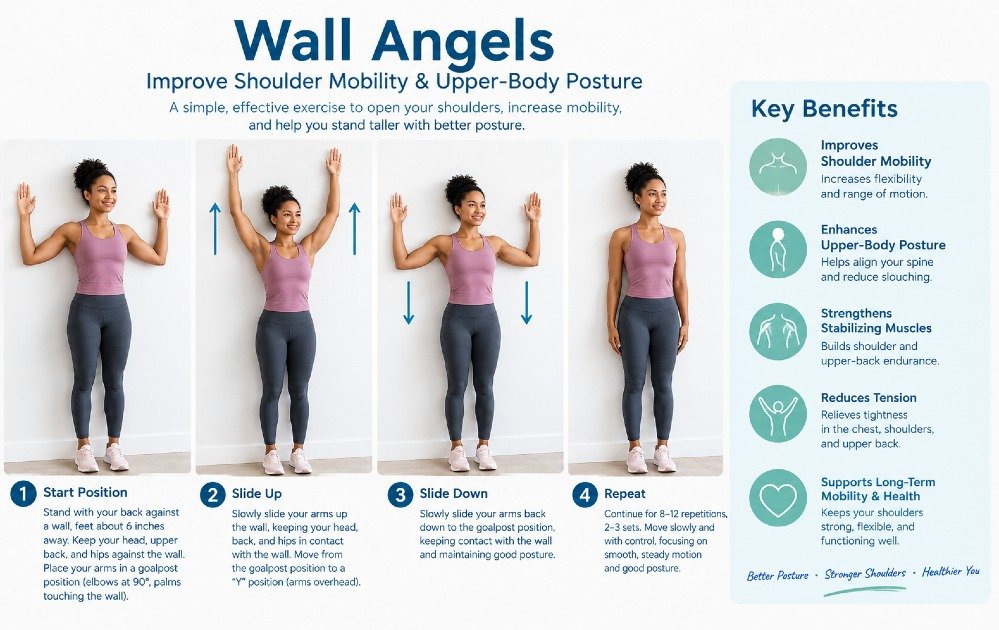 Wall angels exercise to improve shoulder mobility and upper-body posture.