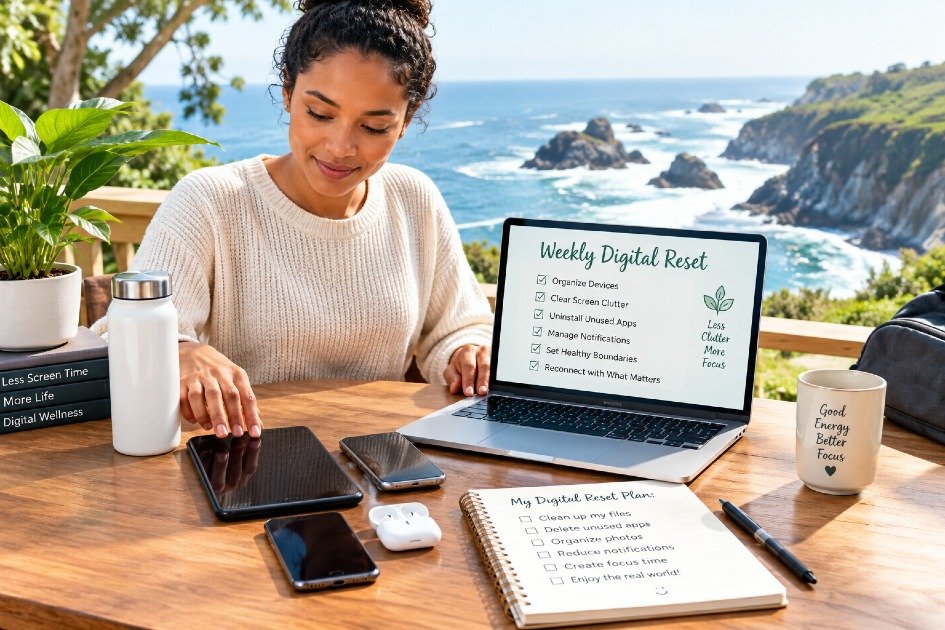 Person organizing digital devices and clearing screen clutter for a weekly digital reset.